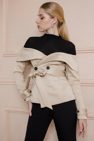 Beige Off Shoulder Satin Belted Jacket