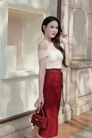 Red Knitted Tweed Straight Midi Skirt with Belt