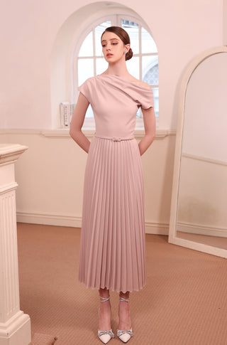 One-Shoulder Italian Crepe Pleated Maxi Dress with belt