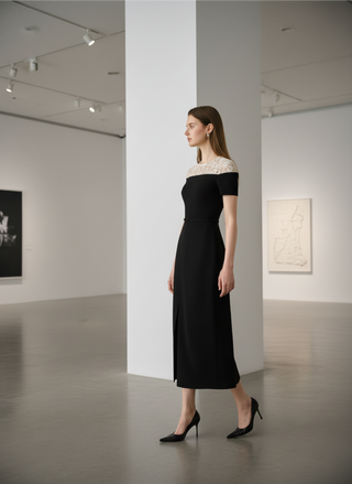 Crepe Midi Dress with Lace Detail