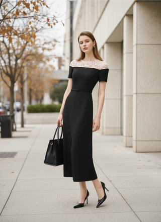 Crepe Midi Dress with Lace Detail