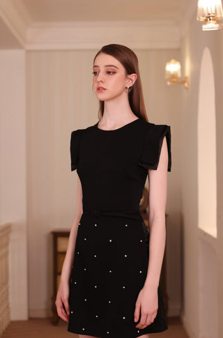 Black Rain Cloth A-Line Dress with Bead Embellishments