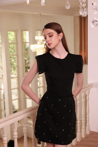 Black Rain Cloth A-Line Dress with Bead Embellishments