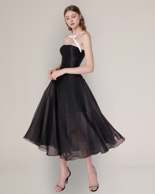 Black Chiffon Strapless Midi Dress with Crystal Embellished Bow