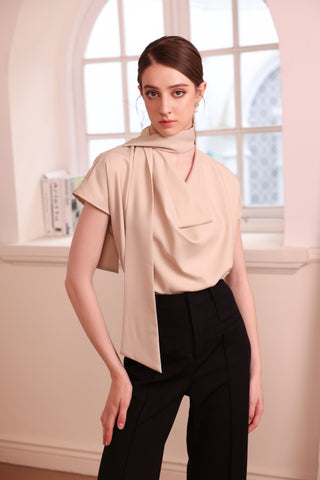 Beige Pink Silk Cowl Neck Top