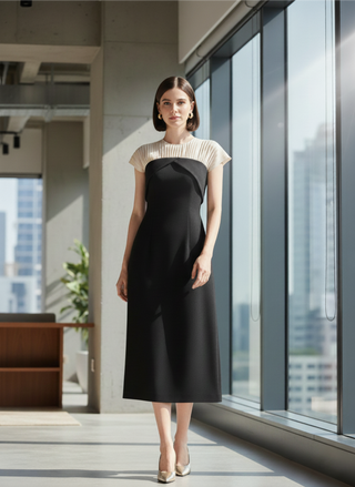 Pleated Organza Neckline Midi Dress