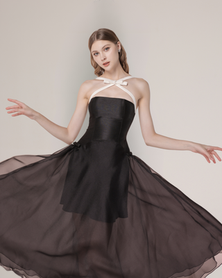 Black Chiffon Strapless Midi Dress with Crystal Embellished Bow