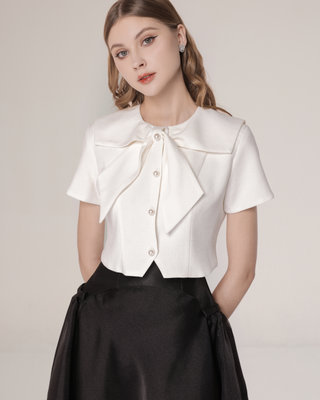 White Tweed Sailor Collar Top with Beaded Button Detail