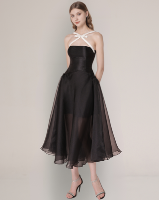 Black Chiffon Strapless Midi Dress with Crystal Embellished Bow