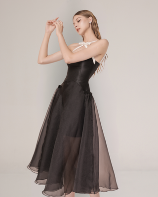 Black Chiffon Strapless Midi Dress with Crystal Embellished Bow