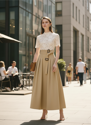 Lace-Bodice Belted Maxi Dress