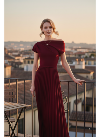 One-Shoulder Pleated Maxi Dress with Belt