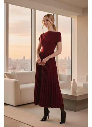 One-Shoulder Pleated Maxi Dress with Belt