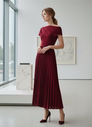 One-Shoulder Pleated Maxi Dress with Belt