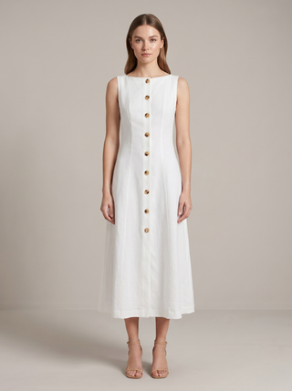 Colette button-front midi dress in white linen, front view