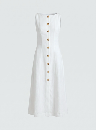 Colette dress front, nine horn-effect button placket and faced neckline