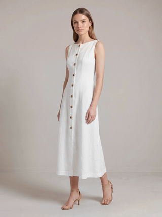 Colette midi dress, three-quarter view showing the drape