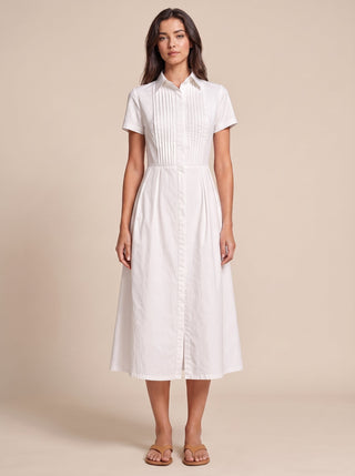 ANLICODE Delphine pintuck shirt-dress in Optic White cotton poplin, full-length front view showing the hand-pressed pintuck bodice