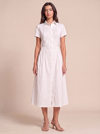 Delphine Optic White pintuck shirt-dress in cotton poplin, styled full-length front view