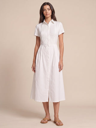 Delphine white pintuck shirt-dress on model, three-quarter front view