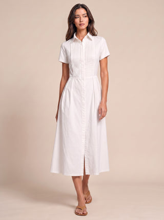 Delphine Optic White cotton poplin shirt-dress, front view showing A-line midi skirt and short sleeves