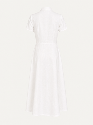 Delphine white cotton poplin shirt-dress, product back view showing fitted bodice and A-line midi skirt