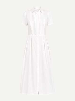 Delphine Optic White cotton poplin shirt-dress, product front view on a light background showing pintuck bodice and concealed placket