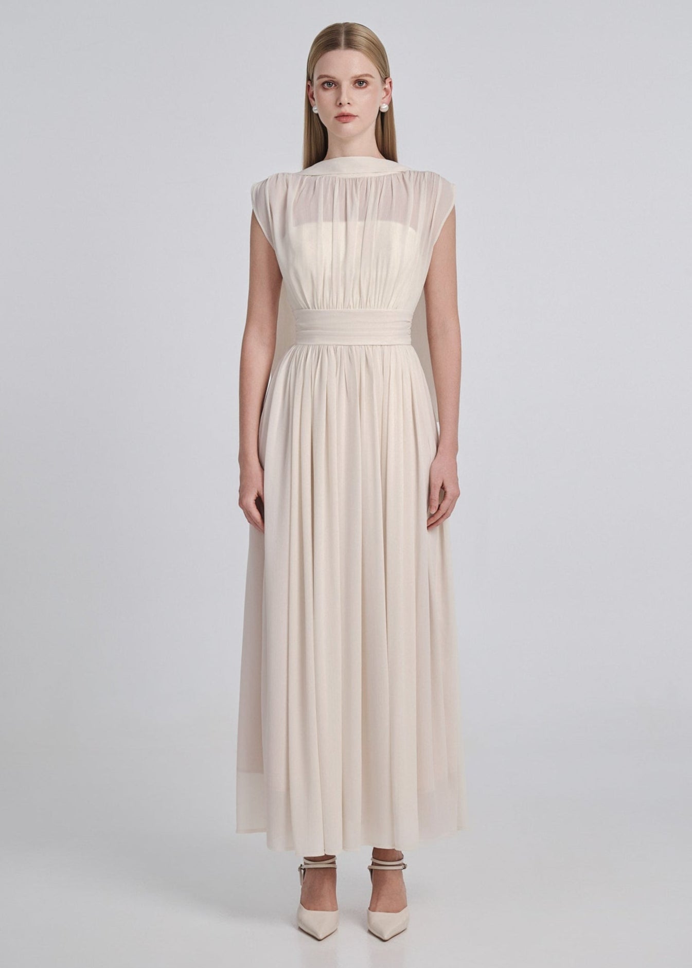 Silk Chiffon Gathered Maxi Dress — Ivory Silk Chiffon