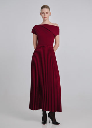 One-Shoulder Pleated Maxi Dress with Belt