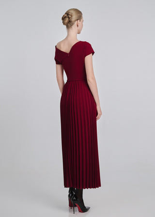 One-Shoulder Pleated Maxi Dress with Belt