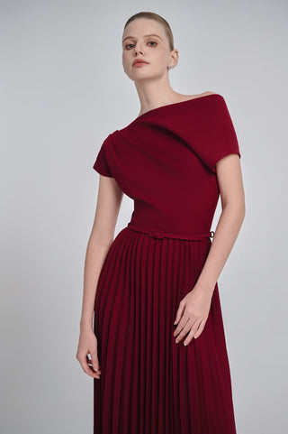 One-Shoulder Pleated Maxi Dress with Belt