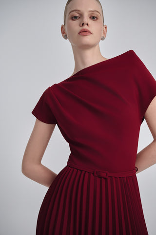 One-Shoulder Pleated Maxi Dress with Belt