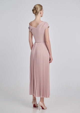 One-Shoulder Pleated Maxi Dress with Belt