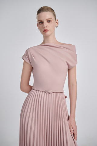One-Shoulder Pleated Maxi Dress with Belt