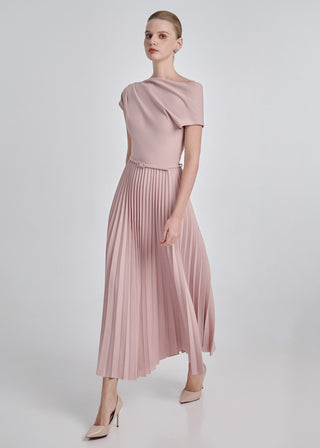 One-Shoulder Pleated Maxi Dress with Belt