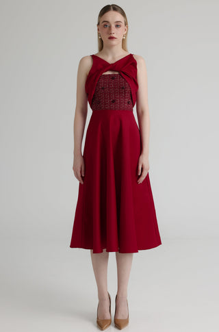 Burgundy Crystal-Tweed Twisted Neck Midi Dress