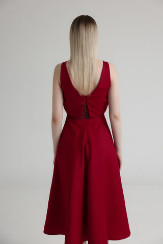 Burgundy Crystal-Tweed Twisted Neck Midi Dress