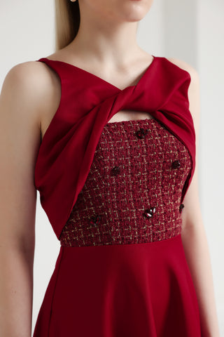 Burgundy Crystal-Tweed Twisted Neck Midi Dress