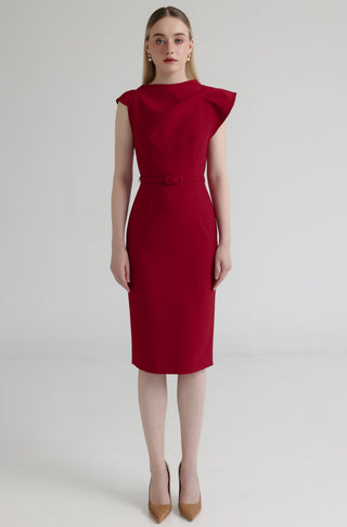 Italian Crepe Draped Neck Sheath Dress with belt