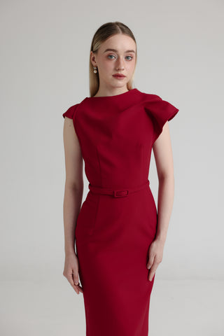 Italian Crepe Draped Neck Sheath Dress with belt