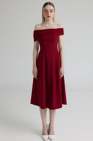 Cherry Red Pleated Off-Shoulder Crepe Midi Dress