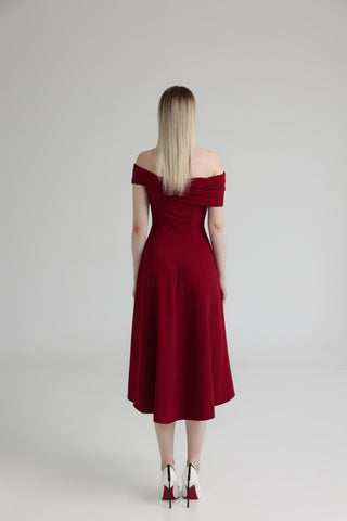 Cherry Red Pleated Off-Shoulder Crepe Midi Dress