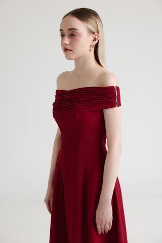 Cherry Red Pleated Off-Shoulder Crepe Midi Dress