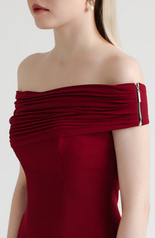 Cherry Red Pleated Off-Shoulder Crepe Midi Dress