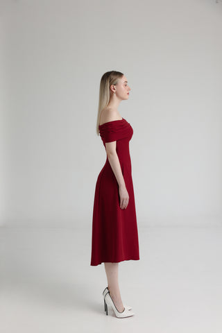 Cherry Red Pleated Off-Shoulder Crepe Midi Dress