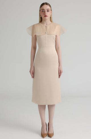 Beige Pink Silk Blend Sheath Dress with Organza Collar