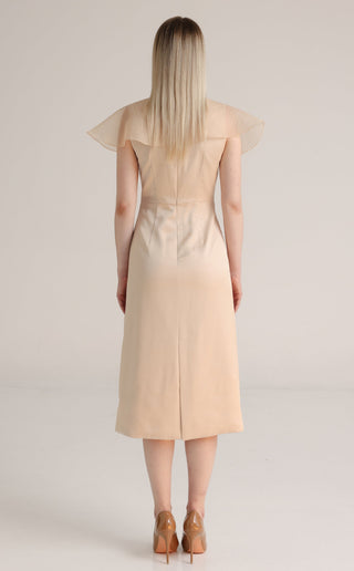 Beige Pink Silk Blend Sheath Dress with Organza Collar