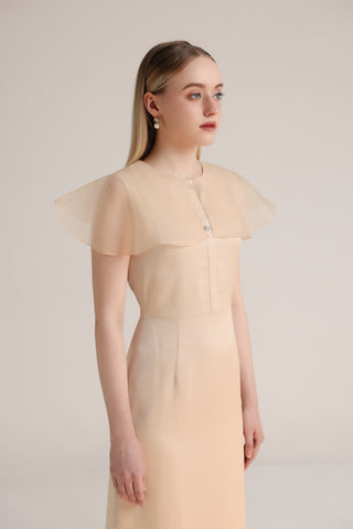 Beige Pink Silk Blend Sheath Dress with Organza Collar