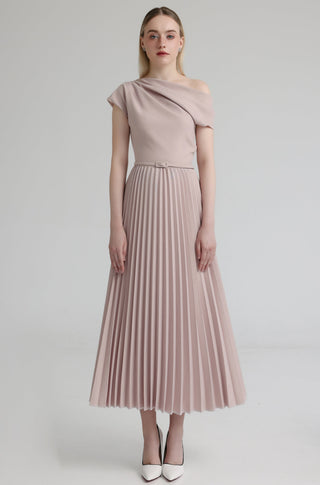 One-Shoulder Italian Crepe Pleated Maxi Dress with belt