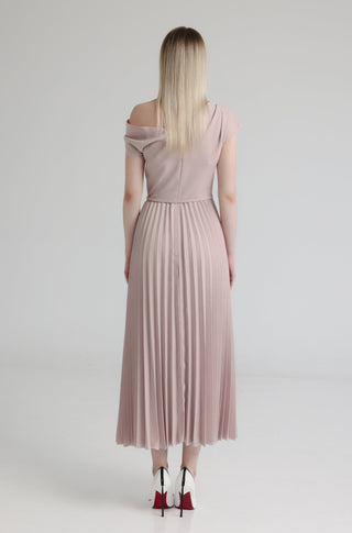 One-Shoulder Italian Crepe Pleated Maxi Dress with belt